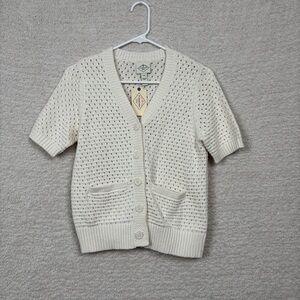 St. John's Bay Cardigan Sweater XS Beige Short-Sleeve Open-Knit Womens